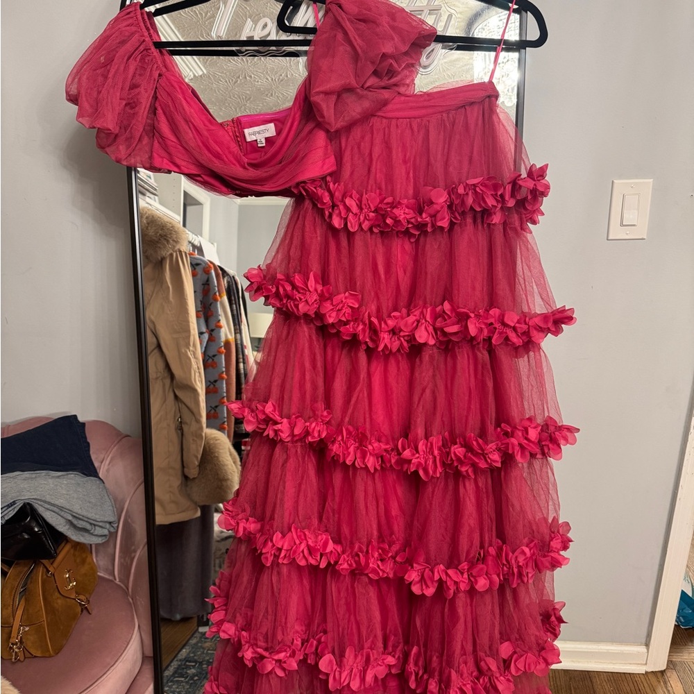 Hot Pink Two-Piece Ruffled Tulle Gown - Picture 2 of 6